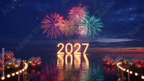 New Year 2027 illuminated numbers glowing over calm water with festive fireworks and balloons celebrating future