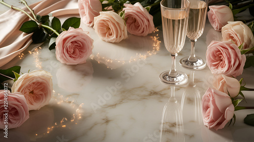 Pink roses with champagne flutes and fairy lights on marble for romantic celebration