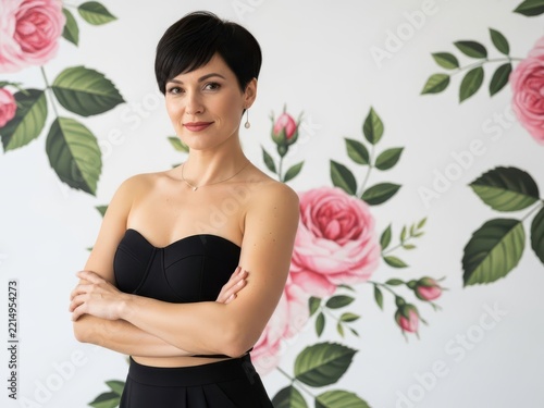 Confident woman posing against floral wall