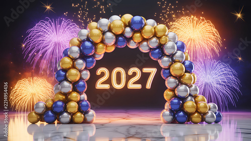 Year 2027 celebration arch with colorful fireworks during nighttime festivity event