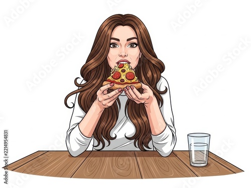 A young woman enjoying a slice of pizza
