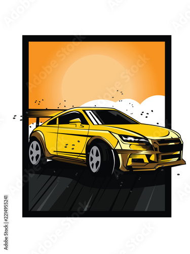 Yellow sports car drifting fast on race track vector