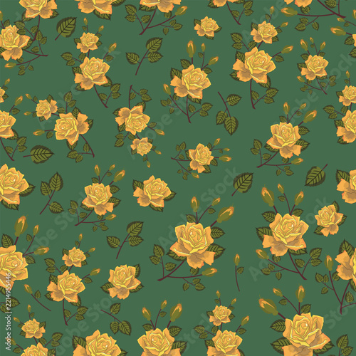 Yellow rose flowers seamless pattern on dark green background