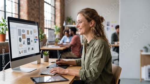 Creative Workspace: A smiling young woman with her hair tied back, wearing a green shirt, is working on a graphic design project on her computer in a bright and modern office space.