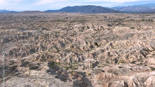 Tatacoa Desert Grey Geological Formations and Erosion Patterns in Colombia. Establishing Shot. Aerial View.