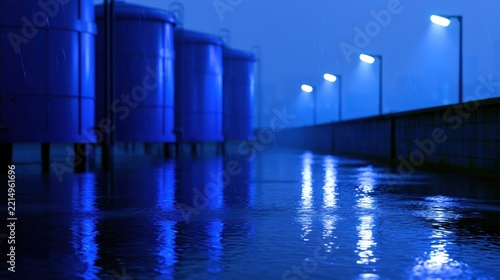 Nighttime industrial scene with blue lighting; rain reflects off wet ground beside storage tanks
