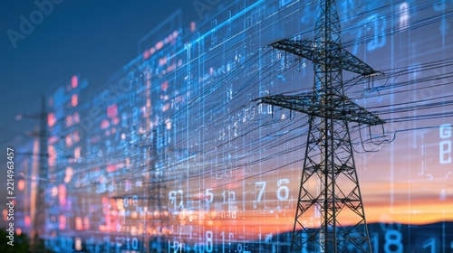 Smart Grid Power Transmission Tower with Digital Data Overlay