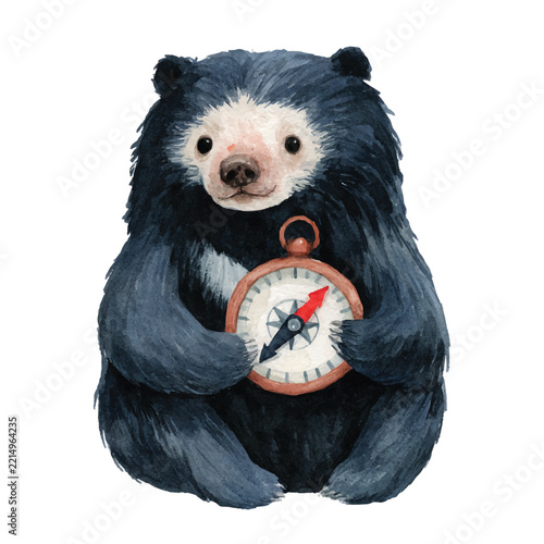 Watercolor Vector Illustration of a Bear Holding a Compass.