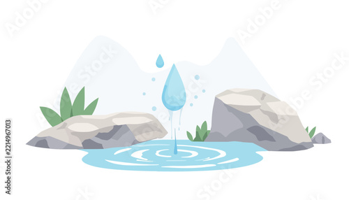 Water drop falling between rocks into a calm pool of water.