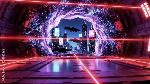 Sci-fi spaceship interior with glowing portal and futuristic city view