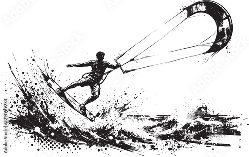 Dynamic black and white ink of a kitesurfer jumping above splashing water with a large kite in the air on a white background