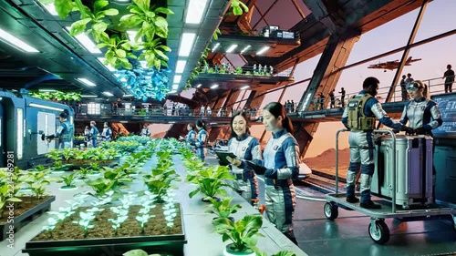 Scientists tending hydroponic crops in a futuristic space station