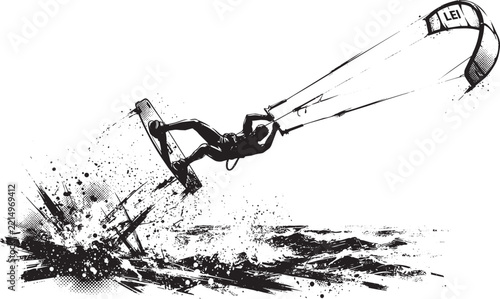Dynamic black and white ink of a kitesurfer jumping over water with motion lines and halftone dot texture on white background