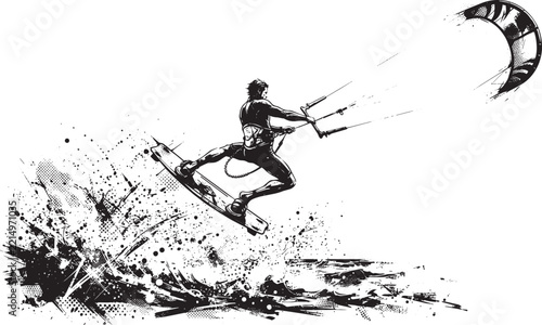 Kitesurfer jumping over water with kite, black and white ink style with dynamic splashes and motion lines on white