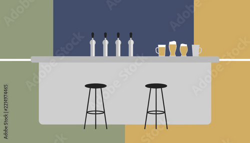 Simple flat design beer bar interior featuring beer taps draft glasses on the counter and bar stools.