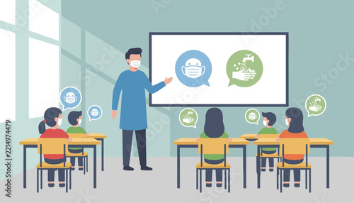 Teacher in a face mask instructing students about hygiene and safety rules on a whiteboard in a classroom.