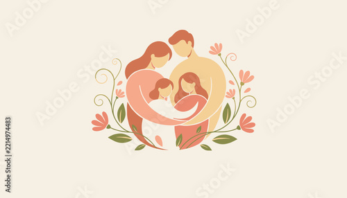 Loving family of four embracing in a warm hug surrounded by a beautiful frame of pastel flowers and leaves.
