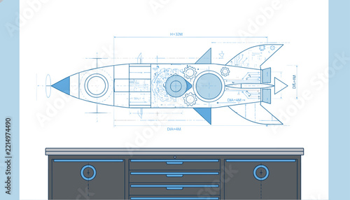 Detailed blue blueprint of a toy rocket hangs on a white wall above a modern grey and blue storage tool cabinet.