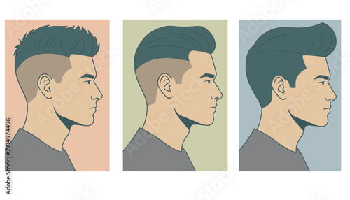 Side profile illustration of three young men demonstrating different popular modern hairstyles, undercuts, and haircuts.