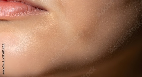Close-up of Human Facial Skin Texture with Fine Vellus Hair and Lips for Beauty and Skincare