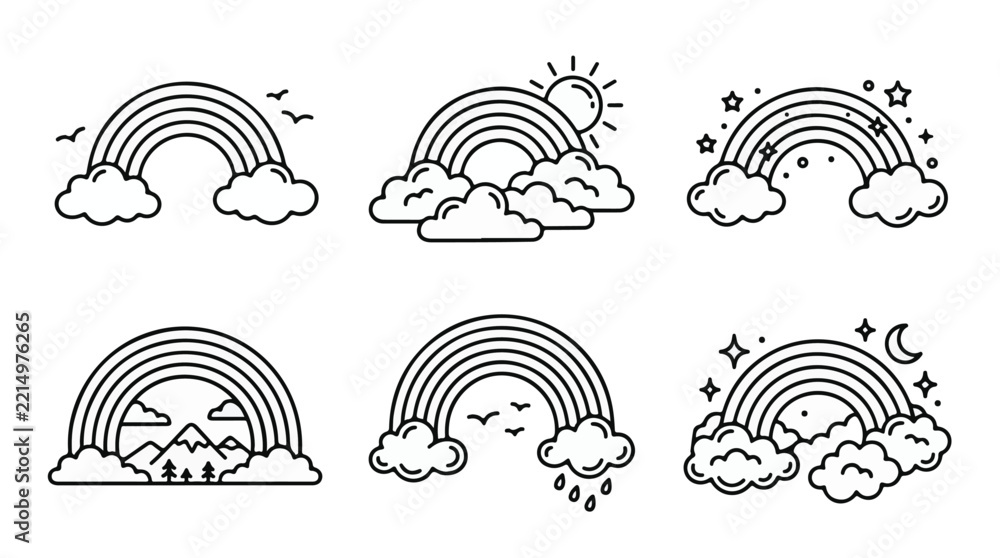 Fototapeta premium Rainbow Line Art Icon Set Weather Sky Clouds and Nature Vectors 