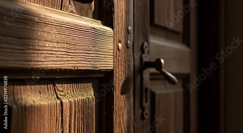 Rustic Wooden Door with Weathered Texture and Vintage Handle in Warm Sunset Light