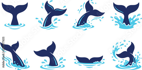 Whale tail splash collection featuring dynamic ocean waves and marine wildlife inspired aquatic vector illustrations