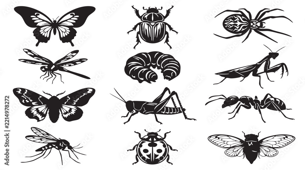 Obraz premium Insect Black and White Silhouette Icon Set for Graphic Design