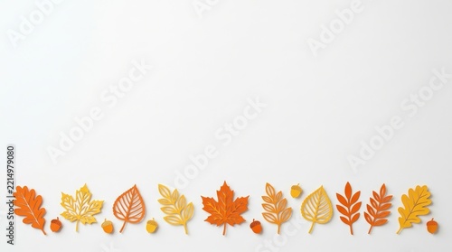 Autumn leaves golden frame on the edge of white background blank space in white
