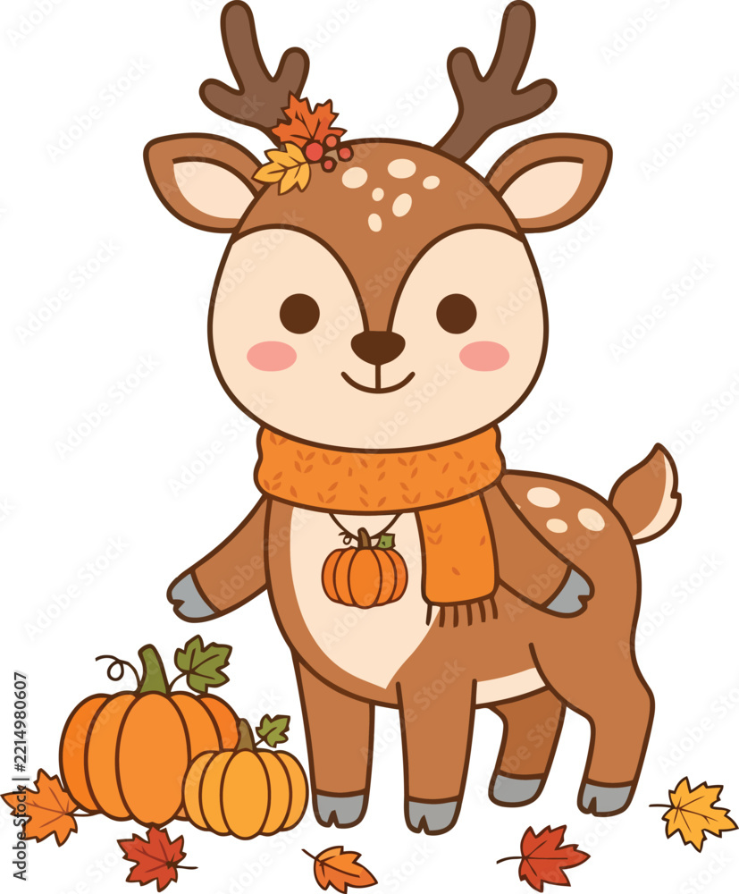 Fototapeta premium Cute cartoon deer wearing an orange scarf with autumn leaves and pumpkins.