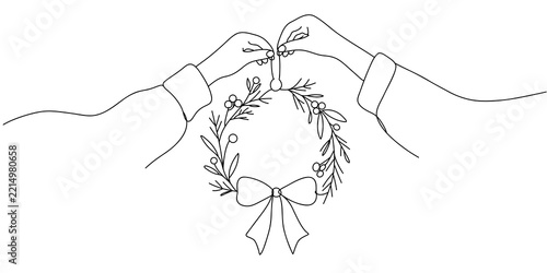Minimalist line art hands holding festive holiday wreath symbolizing togetherness