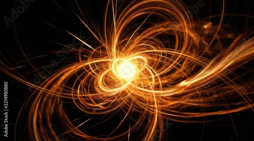 Abstract swirling golden light trails spiral dynamic energy dark background motion blur glowing sparks creative,