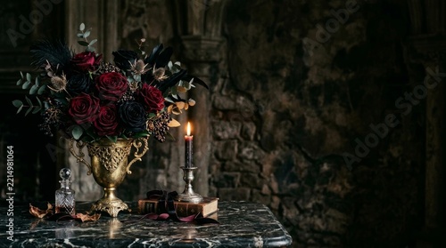 Halloween gothic set up roses on golden vase in dark background copy space 