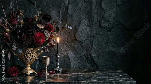 Halloween gothic set up roses on golden vase in dark background copy space 
