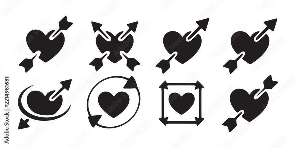 Obraz premium Collection of black hearts with arrows and circles for graphic design.