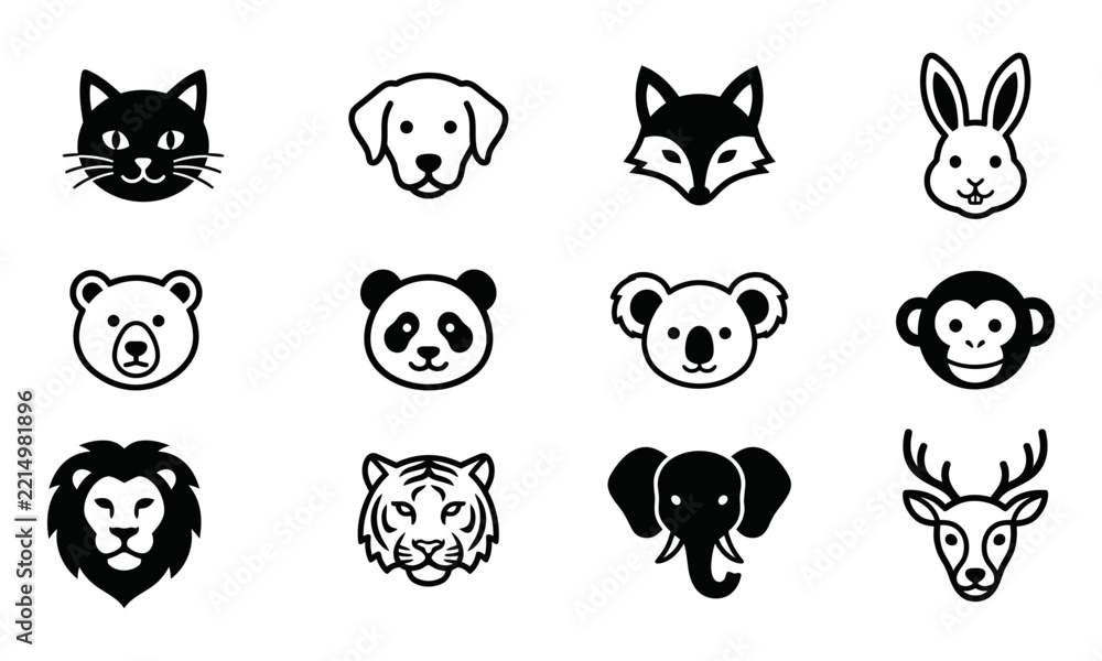Fototapeta premium Set of twelve black and white animal face icons featuring various wildlife and domestic species
