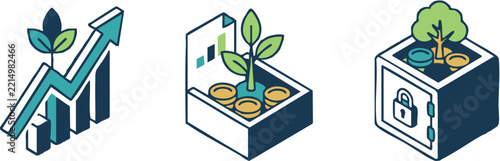 Isometric Green Investment and Sustainable Finance Vector Icon Set with Growth Chart, Plant Sprout, and Safe Vault