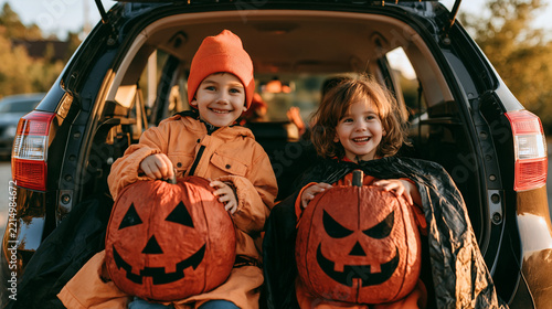 Trick or trunk. Children celebrating Halloween in trunk of car. Boy and girl with red pumpkins celebrating traditional October holiday outdoor. Social distance and safe alternative celebration