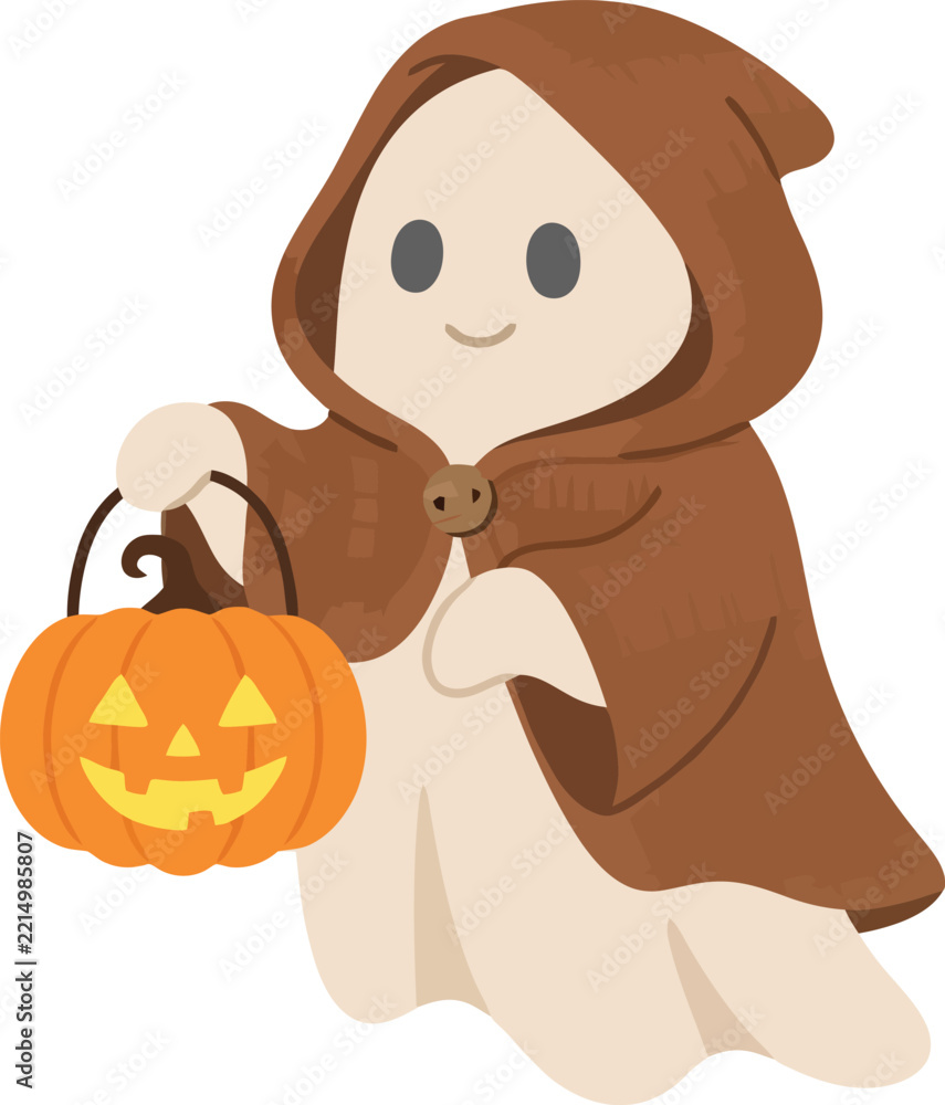 Fototapeta premium A cute cartoon ghost wearing a brown hooded cloak and holding a jack-o-lantern pumpkin.