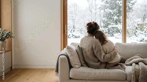 Mother and child sitting together on a comfortable sofa in a cozy living room, looking out the large window at the snowy winter landscape outside
