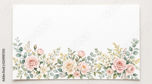Watercolor Floral Border with Pink Roses and Greenery