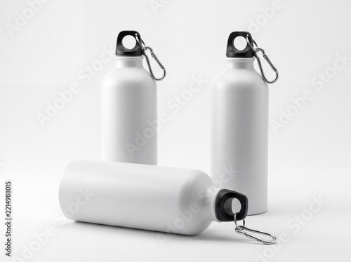 Three white matte metal water bottles with carabiners mockup