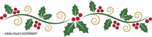 Decorative christmas holly branch border with green leaves and red berries for festive design Vector