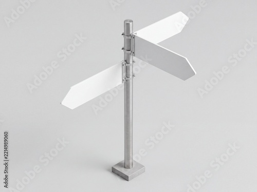 Blank white directional signpost mockup on gray background