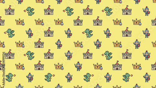 A seamless repeating pattern features cute cartoon medieval icons