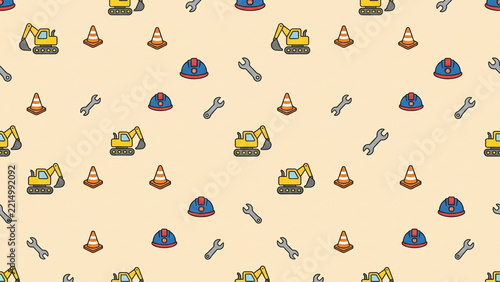 A seamless pattern features cartoon construction icons 