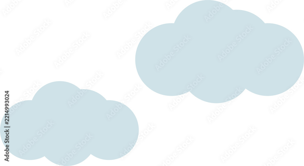 Obraz premium Flat vector set of two light blue fluffy clouds, simple pastel sky cloud elements isolated on white