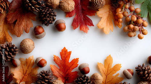 Autumn oak leaves and acorns framed with festive pine branches, cones, and seasonal winter decorations