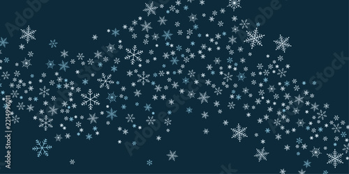 An abstract artistic representation of swirling snowflakes falling against a deep navy blue background, creating a whimsical and magical winter atmosphere.