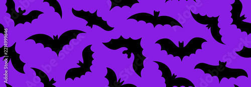 Seamless Halloween bats pattern. Spooky flying bat silhouette background. Repeated print design for wrapping paper, fabric, textile, holiday decoration. Helloween repeating wallpaper. Vector